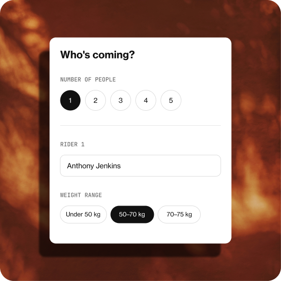 Booking step: number of people, names and weight range